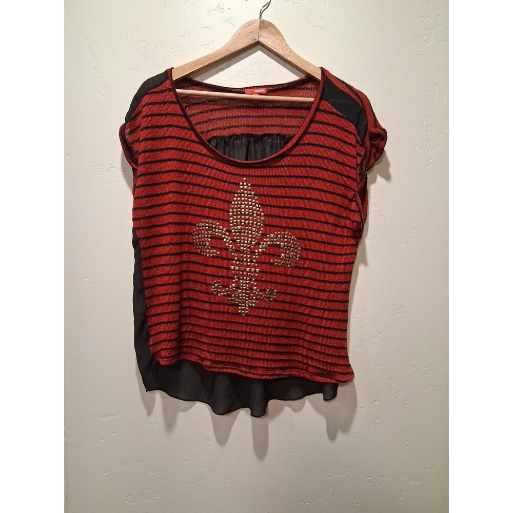 Vtg Y2K Bongo Red Black Stripe Fleur de Lis Studded Sheer Top 1X Festival Grunge